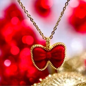 18k over stainless steel, Elegant Red Bow Pendant Necklace